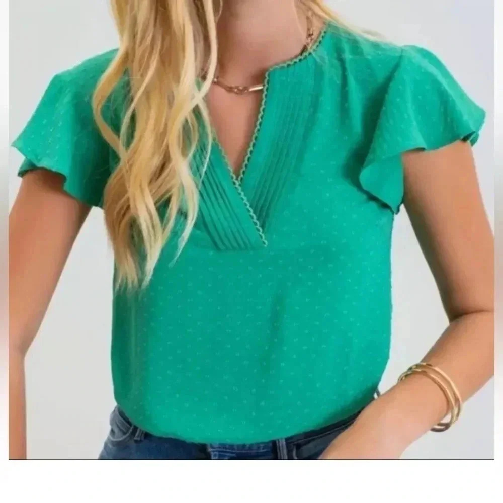 Mine Green Flutter Sleeve Blouse - Size L